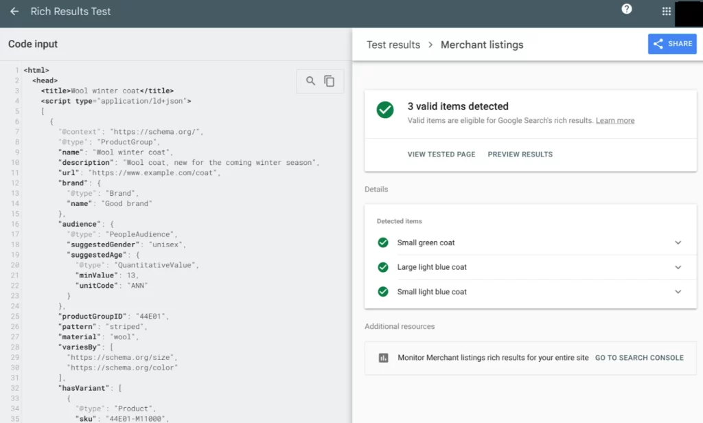 Product Variant Structured Data Rich Results Test