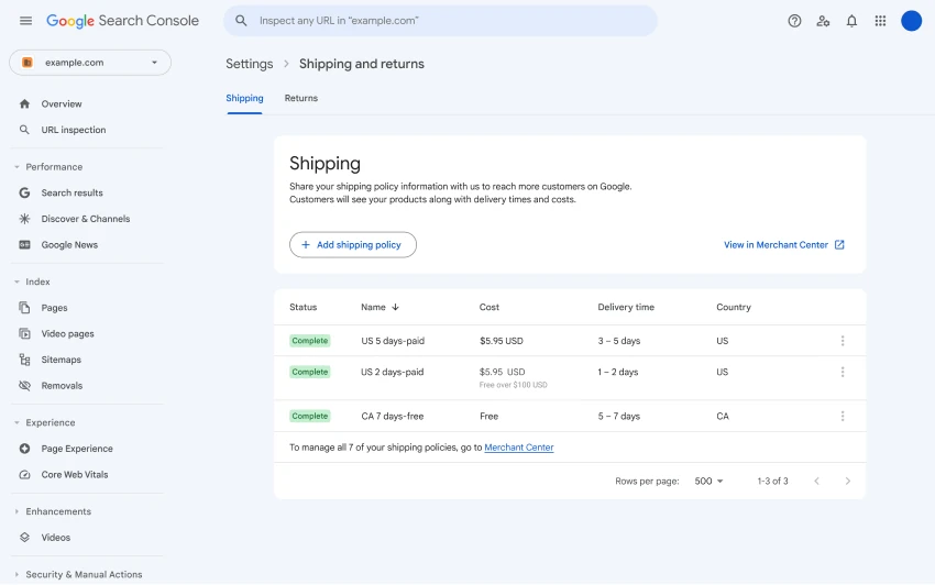 Example of Shipping Information in Google Search Console