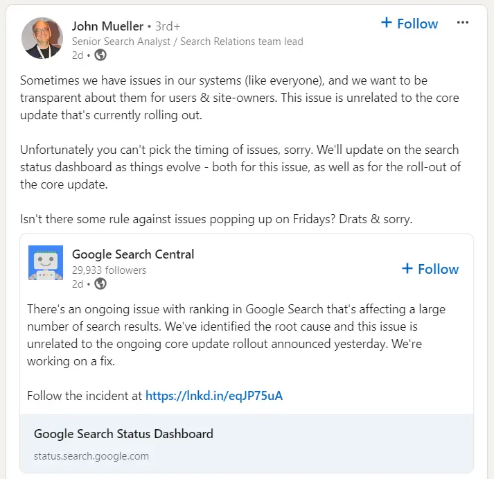 Google Search Ranking Bug: John Mueller LinkedIn Post