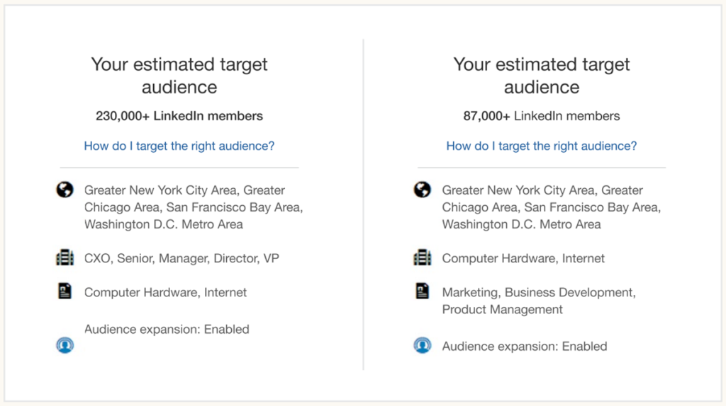 Example of A/B Testing Target Audince LinkedIn